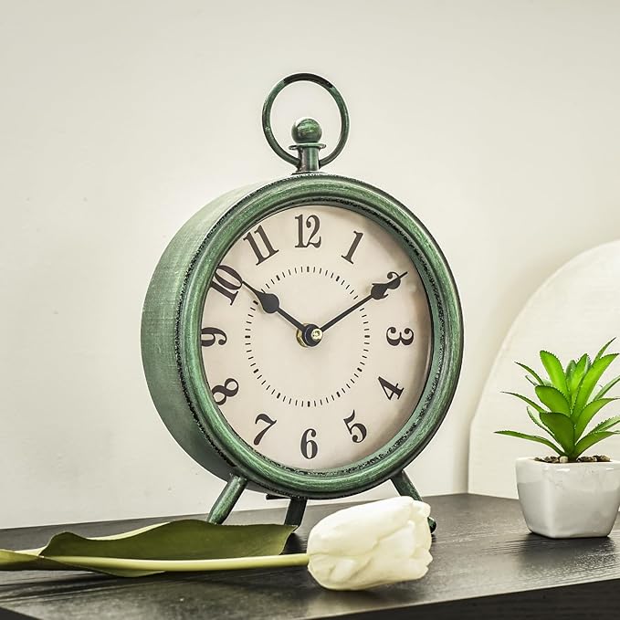 Vintage Rustic Green Table Clock on Stand, Decorative Desk and Shelf Clock，Decorative Battery Operated Table Top Clock for Living Room，Silent Non-Ticking-Ruum Studio Home