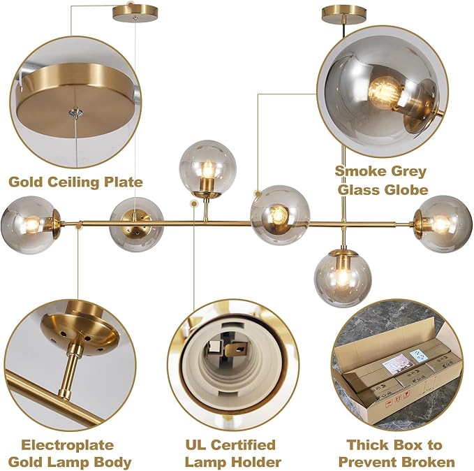 KCO Lighting 6-Light Modern Globe Sputnik Chandelier Brass Gold Linear Pendant Chandelier Lighting Smoke Glass Dining Room Chandelier Mid Century Sputnik Island Lights for Kitchen Living Room-Ruum Studio Home