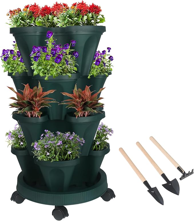 Vertical Planter 4 Tier Stackable Planters Garden Planters Strawberry Herb Flower and Vegetable Planter Indoor Outdoor Gardening Pots with Removable Wheels and Tools-Ruum Studio Home