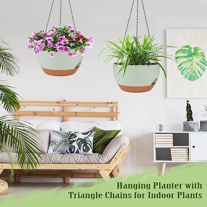 Hanging Planters for Outdoor Indoor Plants, 2 Pack 12 Inch Hanging Basket Plants Outdoor, Self Watering Hanging Planter with Plant Hanger for Garden Home Decoration (Green)-Ruum Studio Home