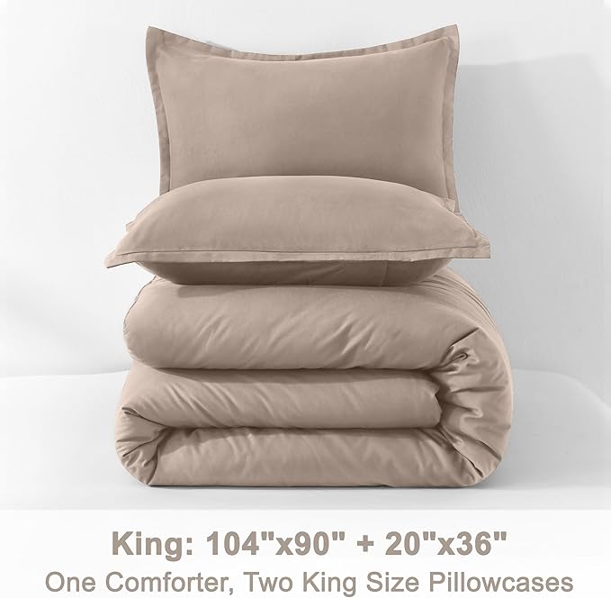 Litanika Light Coffee Comforter King Size, 3 Pieces Lightweight Solid Bedding Comforter Set, All Season Fluffy Bed Set (104x90In Comforter & 2 Pillowcases)-Ruum Studio Home