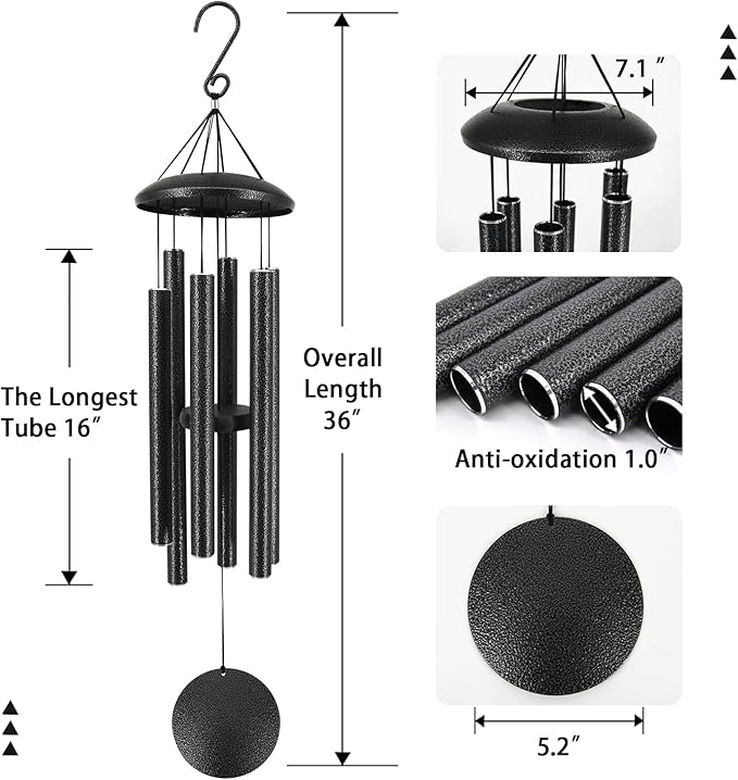 Sympathy Memorial Wind Chimes, 36' with 6 Metal Tubes, Outdoor Deep Tone for Garden, Christmas Hanging Decor - Black Grey-Ruum Studio Home