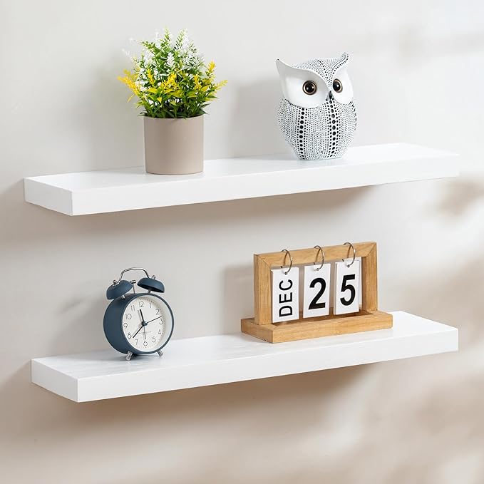 Fun Memories Handcrafted European Pine Floating Shelves - Natural Rustic Wooden Wall Shelf Set of 2-24 Inch Storage Shelf Display Shelf for Kitchen Bathroom Living Room Bedroom Farmhouse - White-Ruum Studio Home