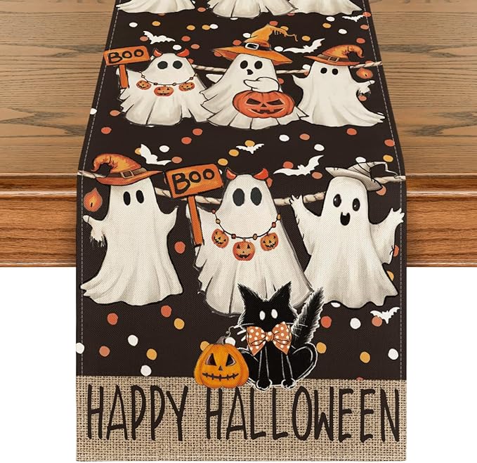 Artoid Mode Ghost Jack-O'-Lantern Black Cat Halloween Table Runner,Holiday Kitchen Dining Table Decoration for Home Party Decor 13 x 90 Inch-Ruum Studio Home