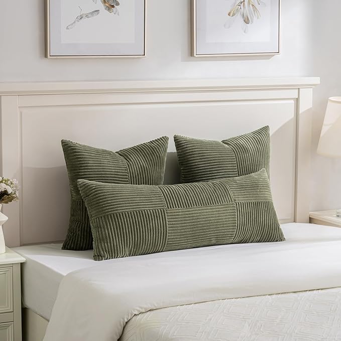 Fancy Homi Set of 2 Olive Green Boho Long Lumbar Body Decorative Throw Pillow Cover 14x36 Inch for Bed Couch Bedroom Bench, Soft Patchwork Corduroy Textured Pillow Case, Rustic Farmhouse Room Décor-Ruum Studio Home