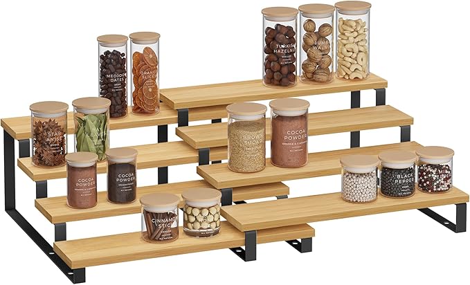 SONGMICS Display Risers, Set of 2 Engineered Wood Perfume Organizer Stand, 4-Tier Cupcake Stand Holder, Spice Rack, Shelf Risers for Figures, Dessert Shelves, Natural Beige and Ink Black UKCS216N01-Ruum Studio Home