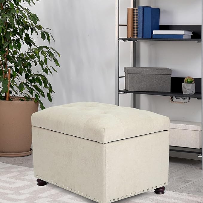 Joveco Storage Ottoman, 24" Fabric Rectangle Tufted Bench Foot Rest Stool for Living Room Bedroom, Beige-Ruum Studio Home
