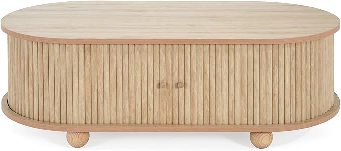 Oval Coffee Table with Storage for Living Room, Retro Charm Wooden Fluted Center Table, 47.24" Modern Classic Accordion Door Coffee Tables Dual Level Storage Side Table for Home,Office-Natural-Ruum Studio Home