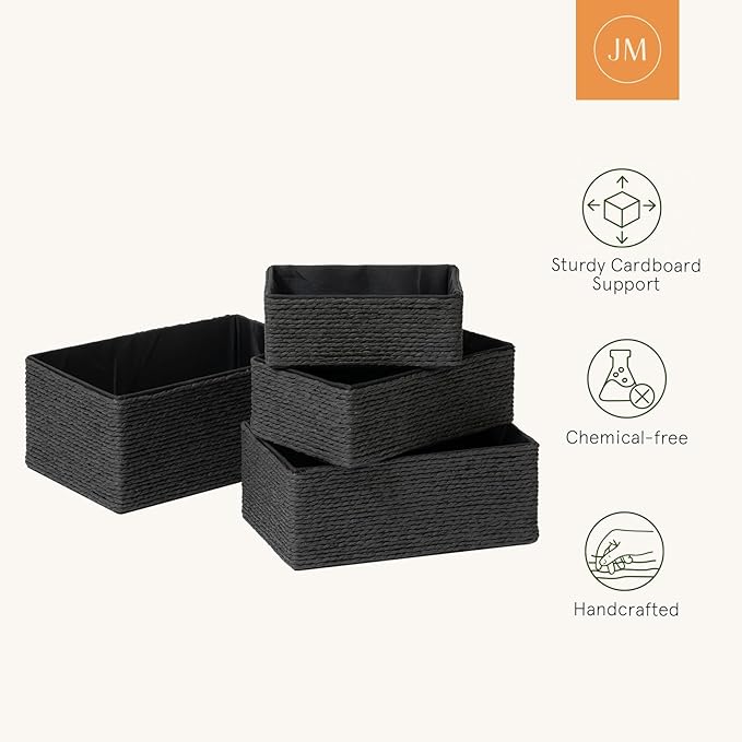 LA JOLIE MUSE Storage Baskets Set 4 - Sturdy Woven Paper Rope Decorative, Stackable Wicker Baskets for Makeup Closet Bathroom Bedroom (Ebony Black)-Ruum Studio Home