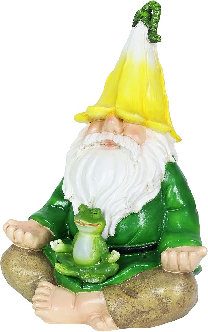 Exhart Solar Light-Up Meditating Gnome Statue w/LED Frog, Durable Resin Garden Décor, 8”x6.5”x10.5”-Ruum Studio Home