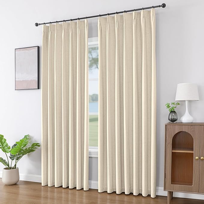 Joydeco Pinch Pleated Linen Curtains Darkening Drapes for Bedroom, 100% Blackout Drapes 96 inches Long 2 Panels Heat Blocking Curtains(Bleached Sand,40'' Wx96'' L)-Ruum Studio Home