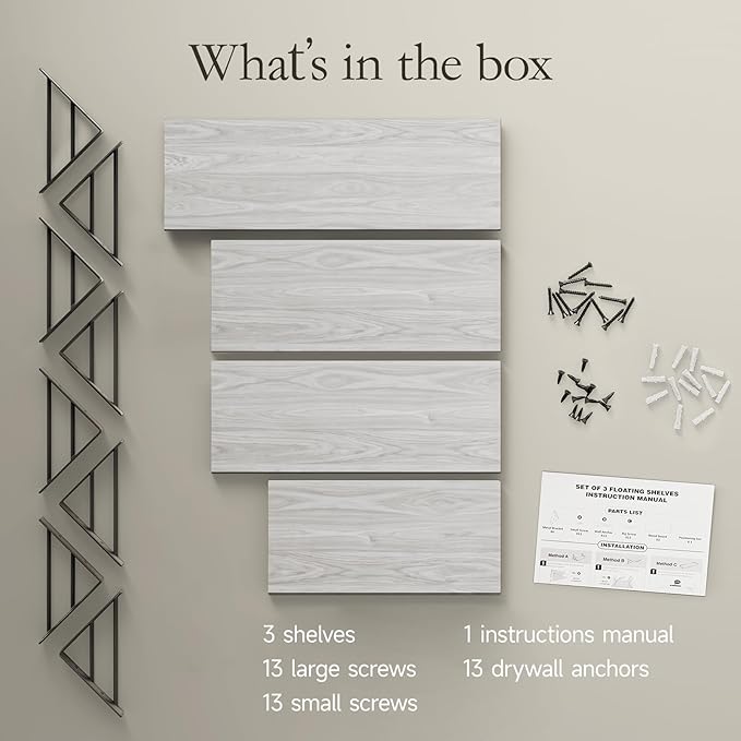 BAYKA Wall Shelves for Bedroom Decor, Floating Wall Shelves for Living Room Kitchen Storage, Wall Mounted Rustic Wood Floating Shelves for Kids Books, Corner Shelf for Bathroom(Gray White，Set of 4)-Ruum Studio Home