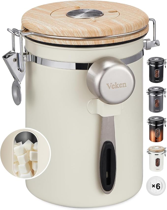 Veken Coffee Sugar Canister with Window, Coffee Lover Gift Set,Airtight Stainless Steel Kitchen Food Storage Container Gifts, Date Tracker & Scoop for Grounds Coffee,Beans,Tea,Flour,Cereal,22OZ,Cream-Ruum Studio Home
