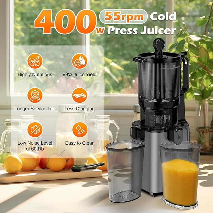 Juicer Machines with 5.4" Large Feed Chute, 400W Cold Press Juicer for Whole Vegetables and Fruits, Slow Masticating juicer Easy to Clean Juice Extractor Machine High Juice Yield(Titanium Gray)-Ruum Studio Home