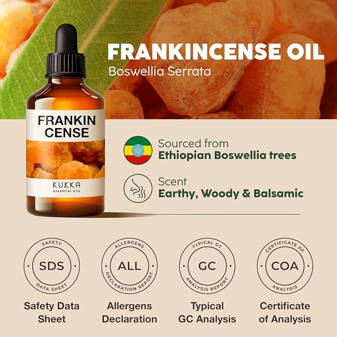 Kukka Frankincense Essential Oil for Face & Skin - 4 Fl Oz - 100% Pure Natural Frankincense Oil Made from Ethiopia Resin - A Holy & Woody Scent for Body Comfort, Aromatherapy & DIY Soap Making-Ruum Studio Home