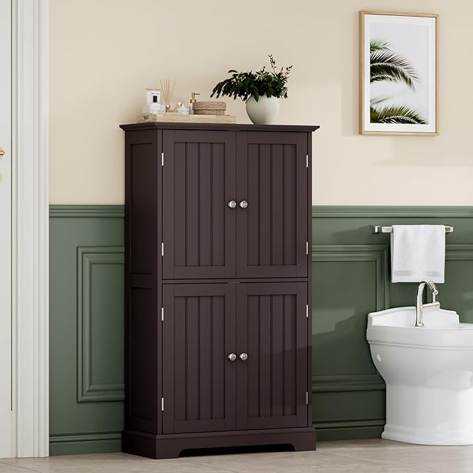 ChooChoo Bathroom Floor Cabinet, Modern Bathroom Storage Cabinet with 4 Doors and Adjustable Shelves, Freestanding Cupboard for Living Room, Espresso-Ruum Studio Home