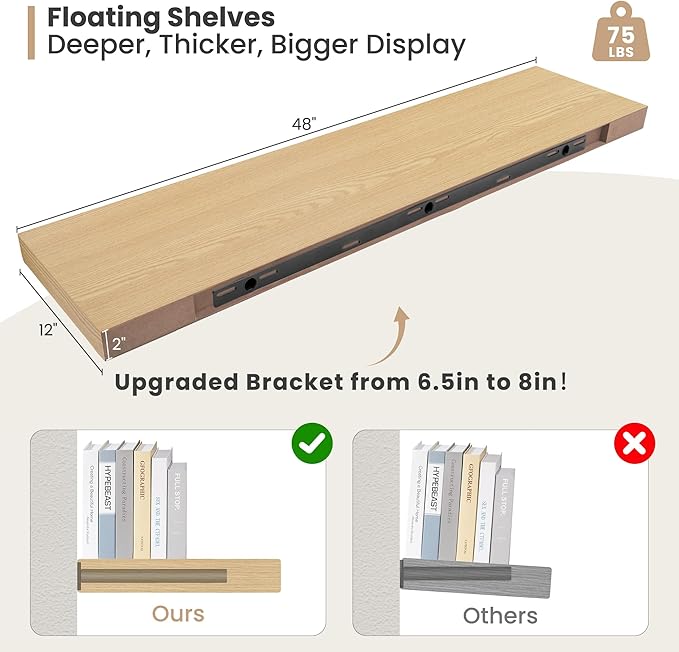 Heimlove 12 Inch Deep Floating Shelves, 48 x 12 inches Long Wall Shelf, Large Display Shelf & Storage Shelf, Rustic Wood Wall Shelves for Fireplace Mantel, Set of 2(Oak)-Ruum Studio Home