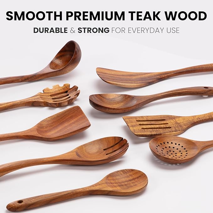 Zulay Kitchen 9-Piece Teak Wooden Utensils for Cooking - Smooth Finish Natural Teak Utensil Set - Non-Stick Wooden Spoons for Cooking - Kitchen Gift Set - Comfortable Grip Wooden Utensil Set-Ruum Studio Home