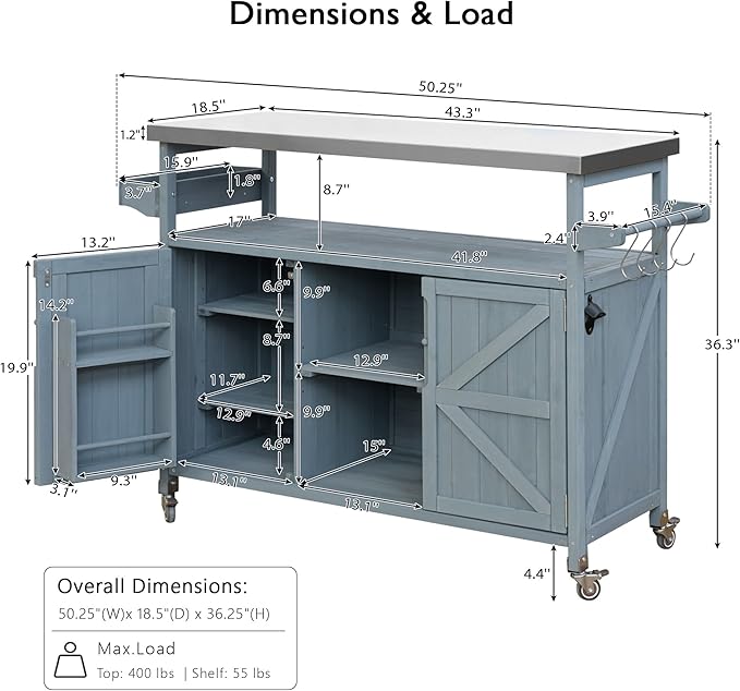 Outdoor Kitchen Island, Rolling Bar Cart & Storage Cabinet, Farmhouse Solid Wood Outdoor Grill Table with Stainless Steel Top, Spice Rack, Towel Rack for Kitchen & BBQ, Grey Blue-Ruum Studio Home