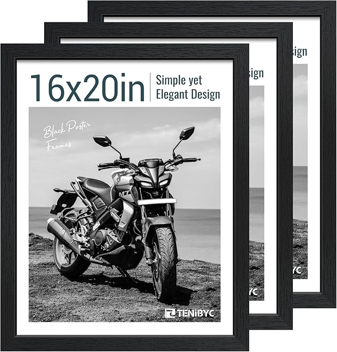 16x20 Picture Frame Set of 3 - Black Woodgrain, Solid Wood, HD Tempered Glass, Wall Gallery Poster Frame-Ruum Studio Home