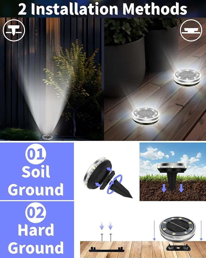 Solar Ground Lights Outdoor 2 Pack Waterproof, Upgraded Solar Garden Lights with 4 Side Light, Stainless Steel Solar Powered Disc Landscape Light for Walkway Pathway Lawn Yard Patio Deck-Cool White-Ruum Studio Home