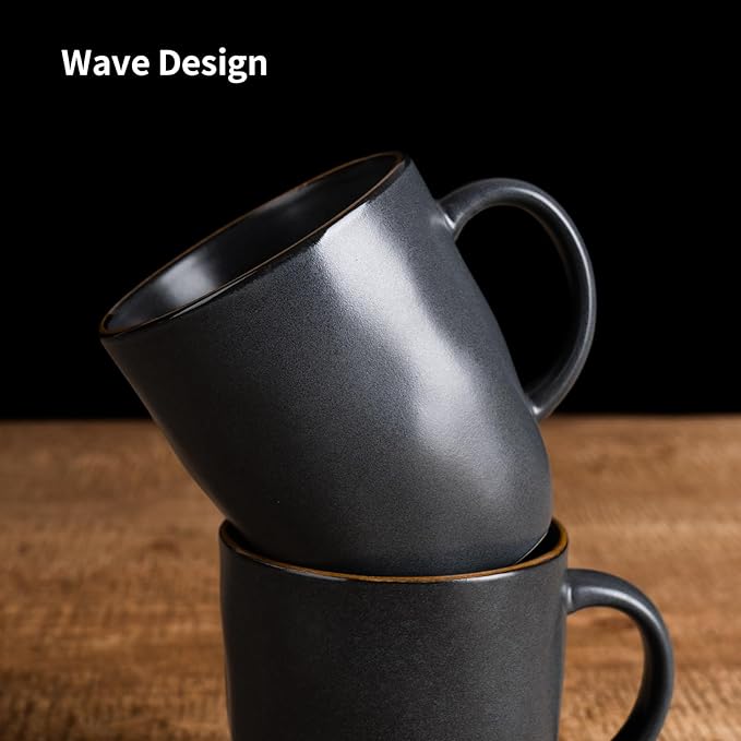 famiware Coffee Mugs Set of 4, Ocean Square 13oz Coffee Cup Set with Handle for Cocoa, Milk, Hot Chocolate, Tea, Water, Stoneware Cups for Kitchen, Microwave and Dishwasher Safe, Matte Black-Ruum Studio Home