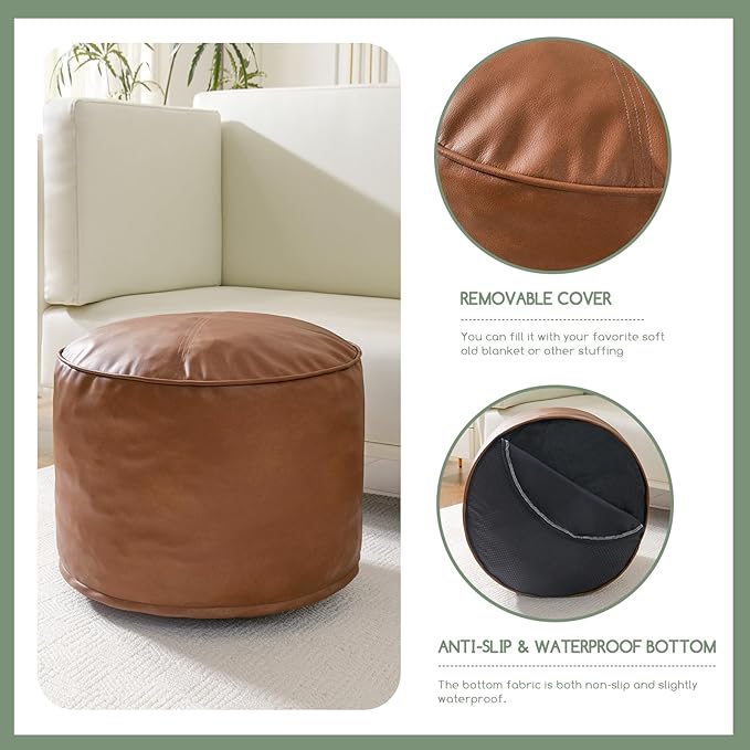 HIGOGOGO Round Stuffed Pouf Ottoman, Pu Leather Poufs with Foam Chunk Filling Foot Stool Storage Ottoman, 26 X 18 Floor Poufs Foot Rest for Living Room, Brown-Ruum Studio Home