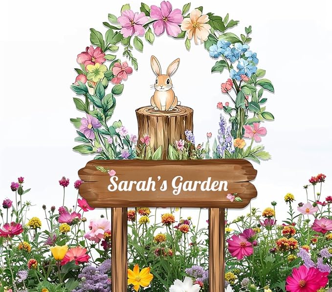 Personalized Rabbit Metal Sign with Stake,Custom Gardener Last Name Signs Outdoor Decor,Customized Flowers Gardening Birthday Gifts,Cute Animal Plaques for Patio Lawn Porch Backyard Farmhouse Outside-Ruum Studio Home