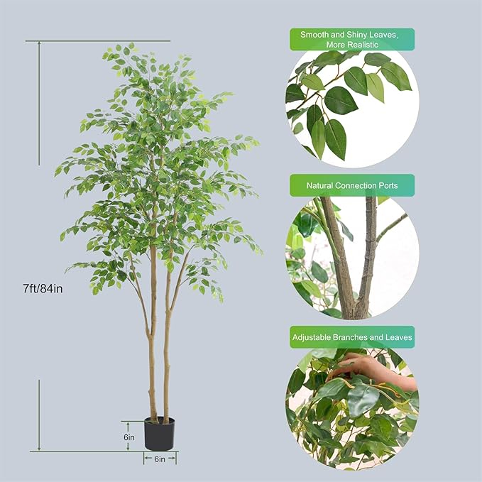 Tall UV Resistant Ficus Tree Artificial，7ft(84in) Realistic Texture Potted Faux Ficus Tree， Fake Trees Indoor Outdoor for Home Office Living Room Bedroom Foyer Porch Decor.-Ruum Studio Home