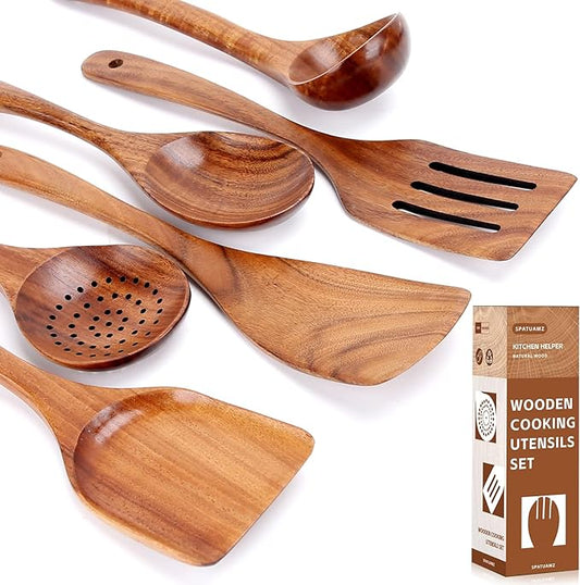 SPATUAMZ Wooden Cooking Spoons, Ladle and Spatula, Fine Polished Teak Wood Cooking Utensils Set of 6, Nonstick Wooden Kitchen Spoon & Spatula Set-Ruum Studio Home