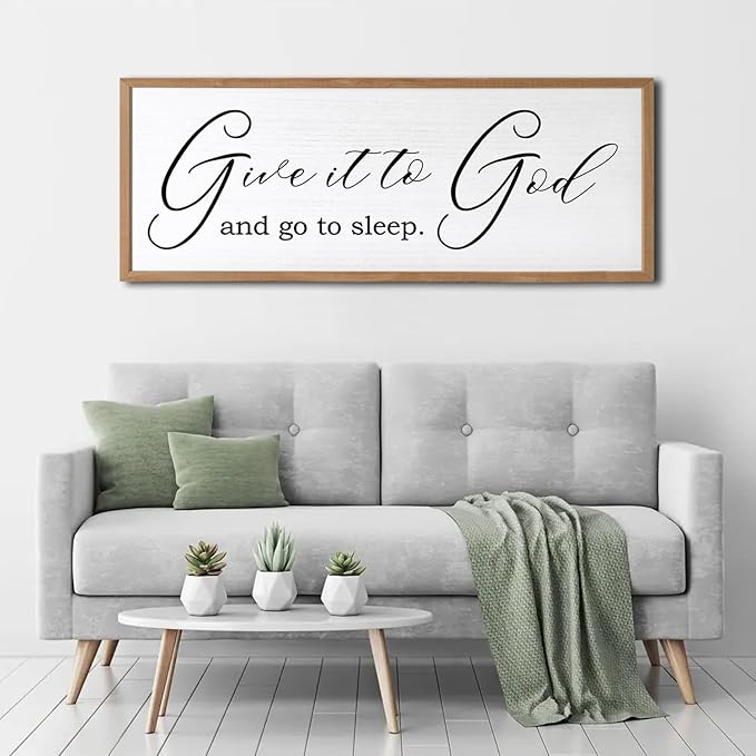 Give It To God And Go To Sleep Sign Wall Decor 40x15 Inch Large Farmhouse Master Bedroom Above Bed Hanging Wall Art Rustic Guest Room Wood Framed Over Bed Wall Decoration (Wood White)-Ruum Studio Home