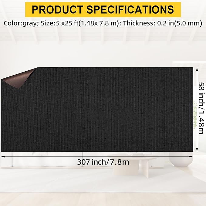 Marine Carpet, 5 FT x 25 FT Black Indoor/Outdoor Rug, 0.2" Thick, Non-Slip, Waterproof-Ruum Studio Home