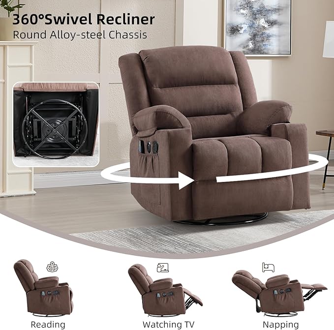 Rocker Recliner Chair with Heat and Massage, 360° Swivel Recliner Chairs for Adults, Heavy Duty Reclining Sofa Chair with USB Port Cup Holders Side Pockets for Living Room (Brown)-Ruum Studio Home