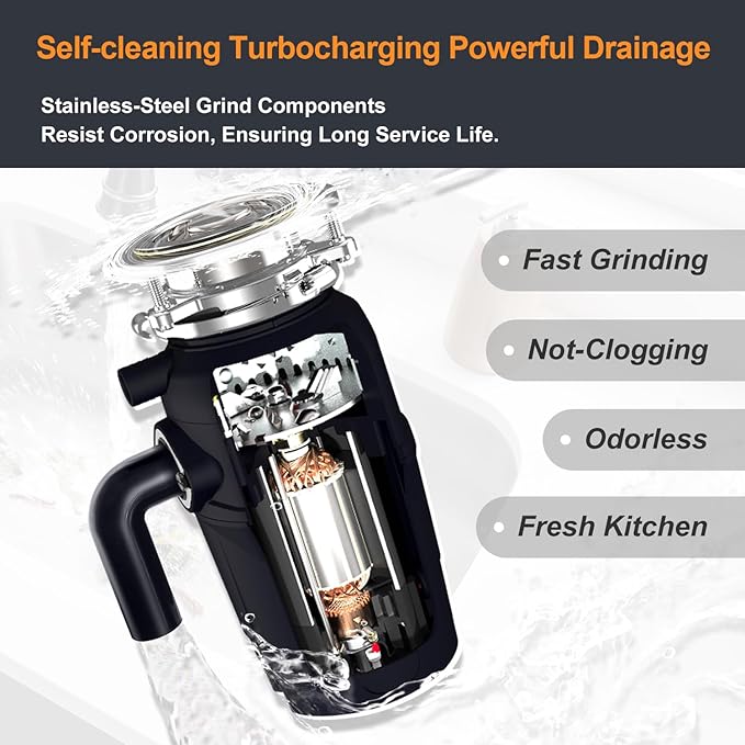 A600 Garbage Disposal 3/4 HP for Kitchen Sink, Food Waste Disposer Fast Continuous Feed Stainless Steel Grind, Quiet, Ease Install, With Power Cord, Powerful Drainage Compact Design 0.75 Horsepower-Ruum Studio Home