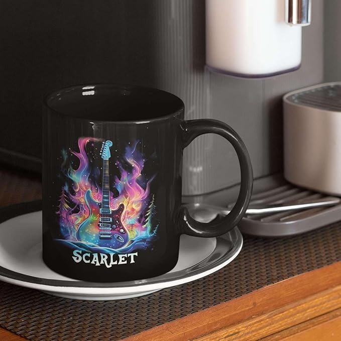 Personalized Electric Guitar Mug 11oz 15oz, Custom Choose Name Coffee Cup, Customized Rock Music Themed Black Mug, Gift For Musicians, Electric Guitar Ceramic Cup With Cosmic Design-Ruum Studio Home