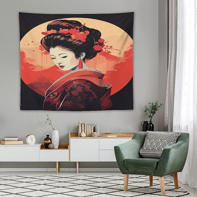 Japanese Woman Geisha Tapestry Asian Cherry Blossom Red Sun Traditional Kimono Folk Tapestries Home Decor for Living Room Bedroom Apartment Farmhouse Dorm 60"x50"-Ruum Studio Home