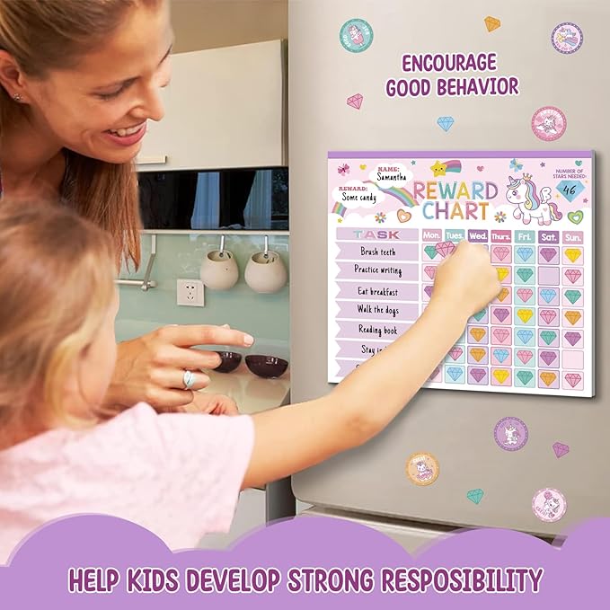 Reward Chart for Kids,Magnetic Behavior Chore Chart for Kids at Home,26 Little Hose Chore Charts,1960 Diamond Stickers,56 Reward Stickers,Incentive Chart to Develop Responsibility and Good Habits,Pink-Ruum Studio Home