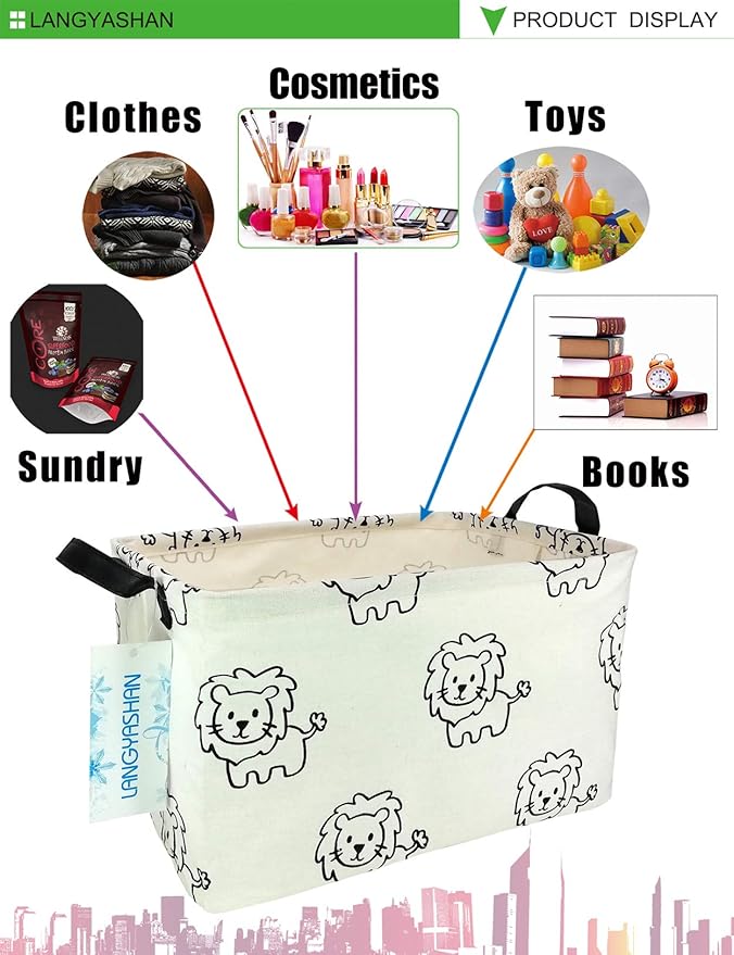 LANGYASHAN Rectangular Storage Bin Collapse Canvas Fabric Cartoon Storage Basket with Handles for Organizing Home Kitchen Boys and Girls Toys Office Closet Shelf Baskets (Rec lion)-Ruum Studio Home