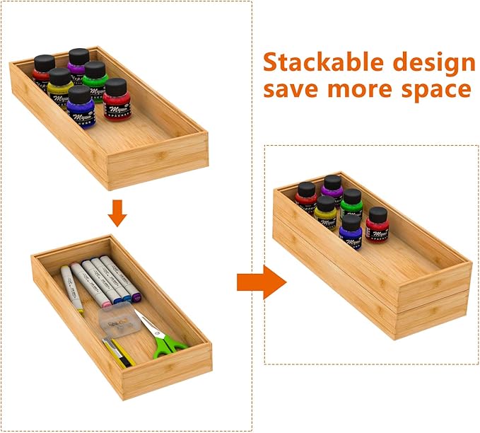 Drawer Organizer Storage Box Kitchen - Wood Stackable Tray Utensil Organizer for Office Drawers,Cabinets,Shelves,Pantry,or Bathroom Counter,Drawer Dividers for Silverware Set of 2（15x6x2.5inch）-Ruum Studio Home