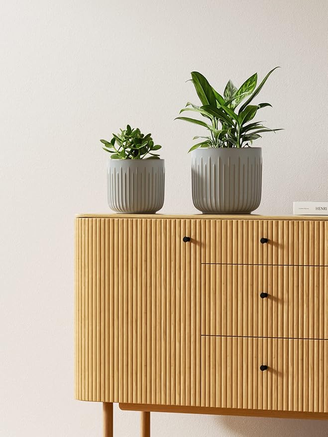 LE TAUCI Fluted Ceramic Planters Set of 3 – 8.3/7 / 5.7 in Blue Gray Reactive Cylinder Indoor Plant Pots with Drainage Plug & Mesh, Glossy Stoneware Flower Pots for Succulents Herbs-Ruum Studio Home