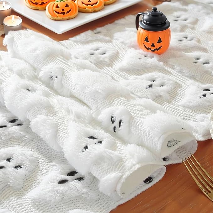 Halloween Table Runner Ghost Soft Plush Faux Fur Halloween Table Runner Hallowee Home Decor, Holiday Kitchen Dining Table Decoration for Home Party Decor 13x72 Inch-Ruum Studio Home