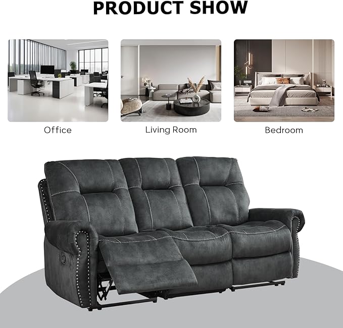 EBELLO Manual Recliner 3 Seat Sofa Couch, Soft Fabric 3 Seater Reclining Couch Chair, Vintage Rivet Mid-Century Design Furniture for Living Room, Meeting Room, Grey-Ruum Studio Home