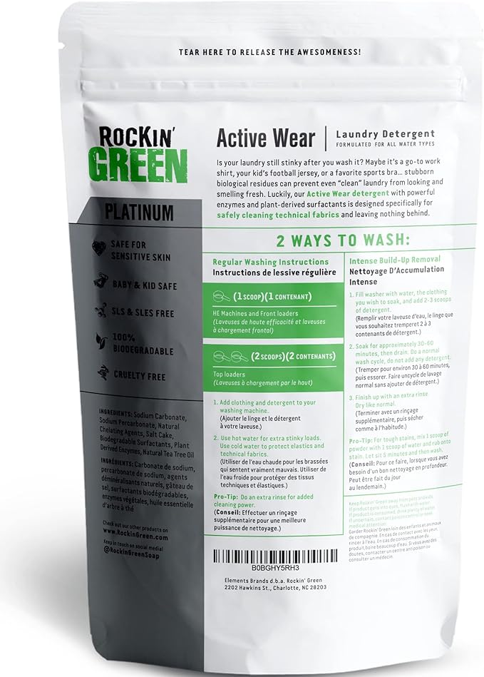 Rockin' Green Laundry Detergent, Plant based, All Natural Laundry Detergent Powder, Vegan and Biodegradable Odor Fighter, Safe for Sensitive Skin (Active Wear 120 Loads - Unscented)-Ruum Studio Home