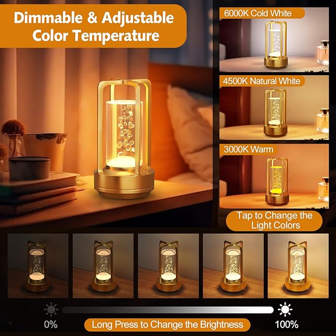 Portable Table Lamp for Outdoor Indoor: Cordless Rechargeable Desk Lamp with 3 Color Stepless Dimmable - Metal Battery Operated Small Lantern Light for Restaurant/Bedroom/Bar/Coffee Shop/Camping-Ruum Studio Home