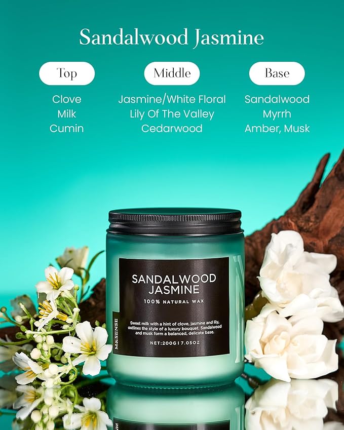 M&SENSE Sandalwood Jasmine Scented Candles, Natural Soy Wax Best Smelling Candle 7.05oz 50 Hour Burning，Floral Non Toxic Single Cotton Wick Aromatherapy Gifts for Women Friend-Ruum Studio Home