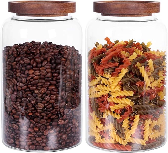 Large Glass Jar with Airtight Lid Set of 2 93 FL OZ(2750ml) glass canister set, Glass Food Containers Wooden Lid Suit for Kitchen Pantry for Flour, Tea, Coffee Beans, Sugar, Cookies(8.8 inch high)-Ruum Studio Home