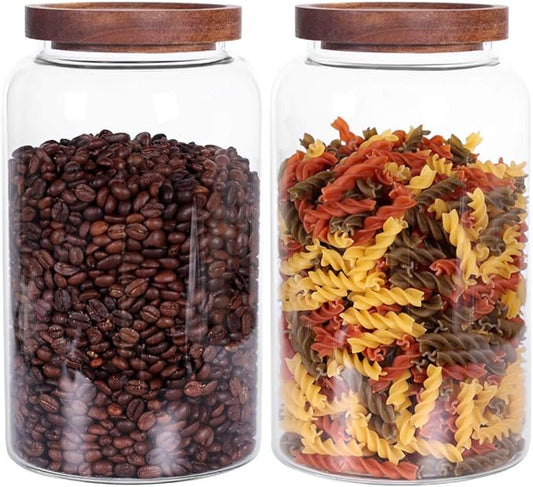 Large Glass Jar with Airtight Lid Set of 2 93 FL OZ(2750ml) glass canister set, Glass Food Containers Wooden Lid Suit for Kitchen Pantry for Flour, Tea, Coffee Beans, Sugar, Cookies(8.8 inch high)-Ruum Studio Home
