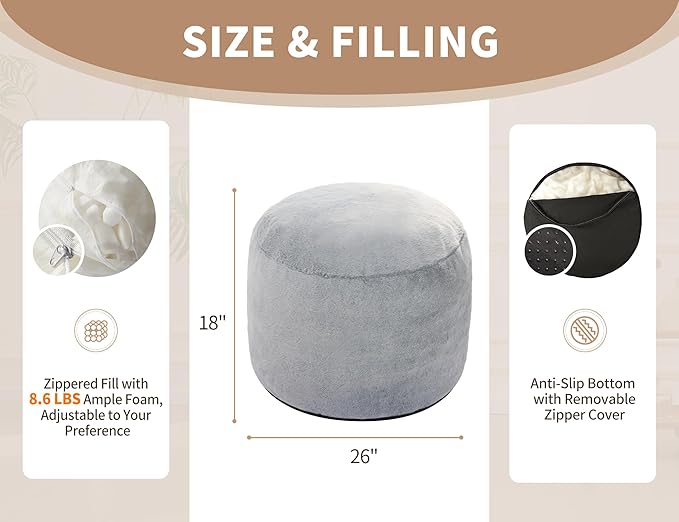Boho Ottoman Living Room Furniture 26"x18" Large Round Ottomans Pouf Couch Foot Rest Grey Pouf Ottoman Foot Rest with Foam Chunk Filling Pouffe Ottomans Stuffed Foot Rest Poufs for Couch-Ruum Studio Home