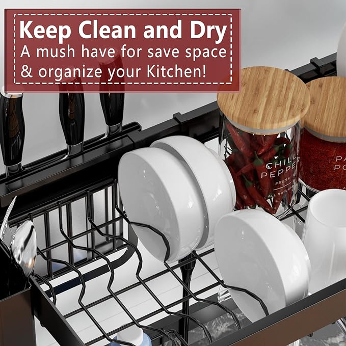 VNKZI Over Sink Dish Drying Rack, 2 Tier Full Stainless Steel Storage Adjustable Length (25.98'' to 36.61'') Kitchen Rack, Multifunctional Expandable Counter Organizer, Space Saver Dish Rack-Ruum Studio Home