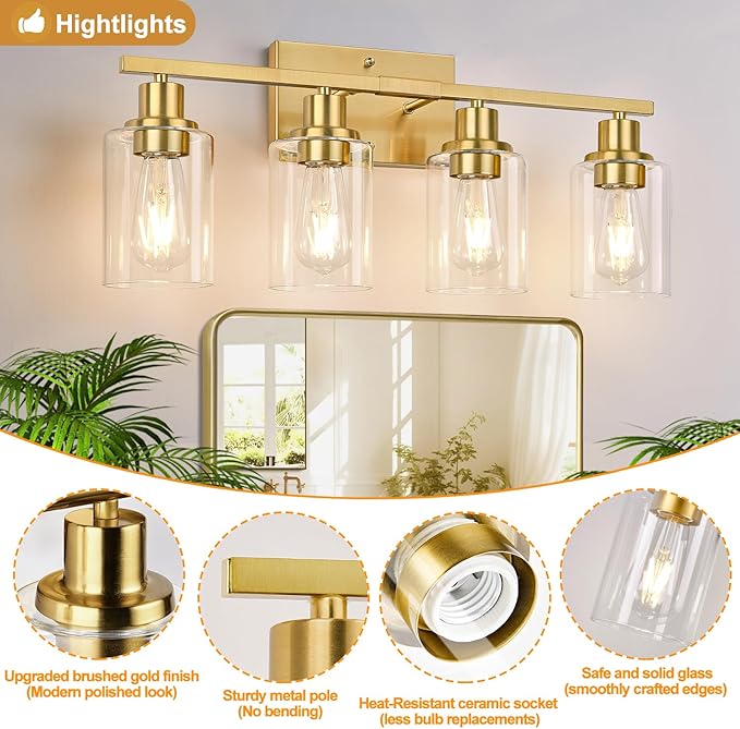 4-Light Vanity Lights with Clear Glass Shades, Brushed Gold Bathroom Light Fixtures Over Mirror, Modern Bathroom Wall Lamp for Mirror Living Room Cabinet Bedroom Porch-Ruum Studio Home